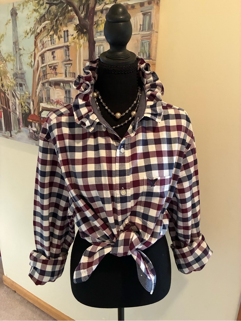 American Eagle Outfitters Burgundy, Navy & White Plaid Button-Down Shirt